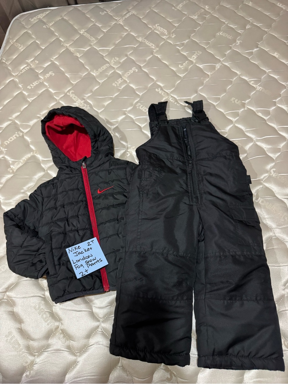 Nike Black and Red Toddler Snow Jacket with Lands End Bib Overalls both size 2t